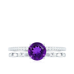 Round Shape Amethyst Solitaire Double Band Ring with Diamond