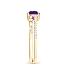 Round Shape Amethyst Solitaire Double Band Ring with Diamond
