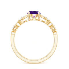 Round Shape Amethyst Solitaire Double Band Ring with Diamond