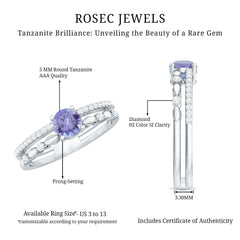 Certified Real Tanzanite Double Band Engagement Ring with Diamond