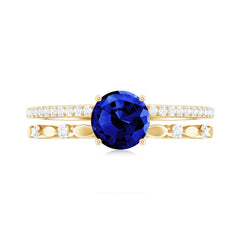 Certified 1 Carat Lab Grown Blue Sapphire Diamond Double Band Engagement Ring