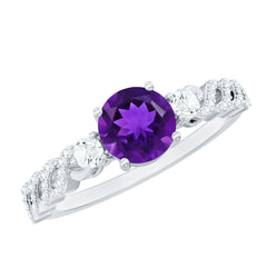 Round Amethyst Solitaire Ring with Diamond Side Stones