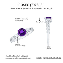 Round Amethyst Solitaire Ring with Diamond Side Stones