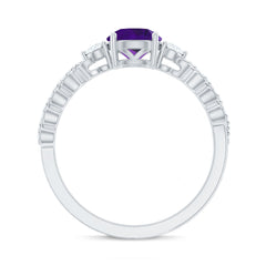 Round Amethyst Solitaire Ring with Diamond Side Stones