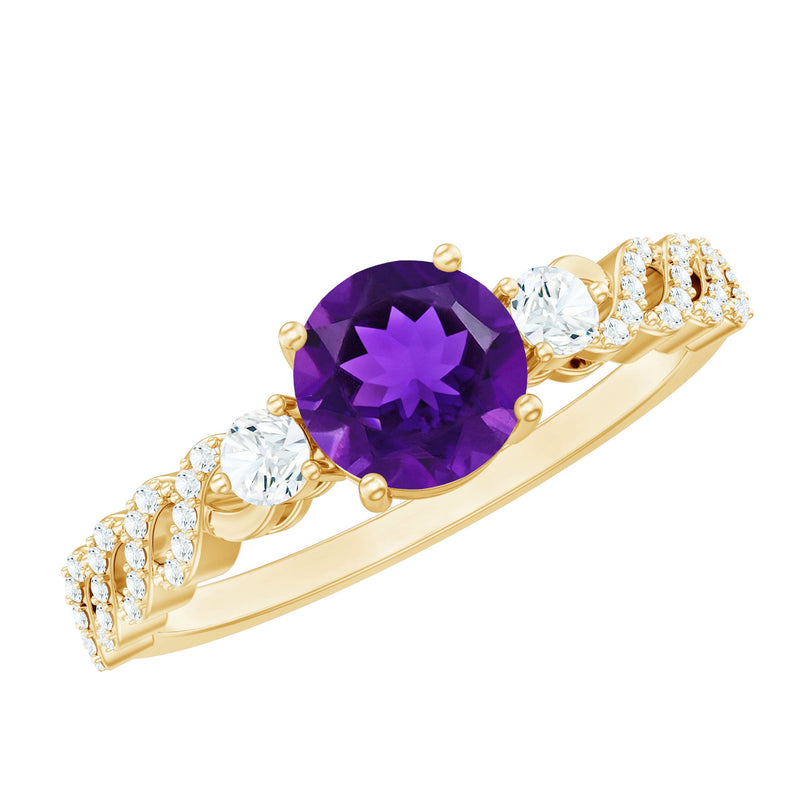 Round Amethyst Solitaire Ring with Diamond Side Stones