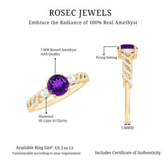 Round Amethyst Solitaire Ring with Diamond Side Stones