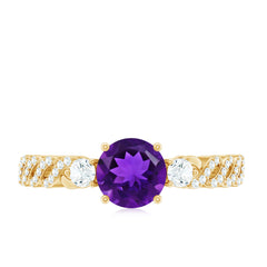 Round Amethyst Solitaire Ring with Diamond Side Stones