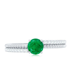 Certified Real Emerald Diamond Engagement Ring with Beaded Detailing