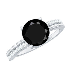 Round Shape Solitaire Created Black Diamond and Diamond Ring with Side Stones