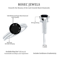 Round Shape Solitaire Created Black Diamond and Diamond Ring with Side Stones