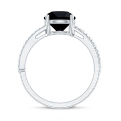 Round Shape Solitaire Created Black Diamond and Diamond Ring with Side Stones