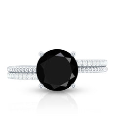 Round Shape Solitaire Created Black Diamond and Diamond Ring with Side Stones