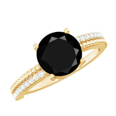 Round Shape Solitaire Created Black Diamond and Diamond Ring with Side Stones
