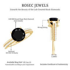 Round Shape Solitaire Created Black Diamond and Diamond Ring with Side Stones