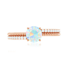 Natural Ethiopian Opal Diamond Solitaire Engagement Ring with Beaded Detailing