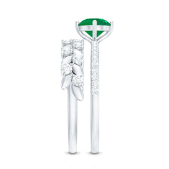 Nature Inspired Emerald Moissanite Wedding Bridal Ring Set of 2