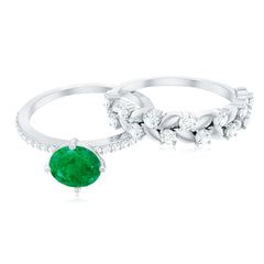 Nature Inspired Emerald Moissanite Wedding Bridal Ring Set of 2