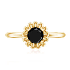 3/4 CT Round Cut Solitaire Created Black Diamond Gold Flower Ring