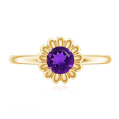 Round Cut Solitaire Amethyst Flower Ring
