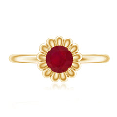 3/4 CT Round Cut Solitaire Ruby Gold Flower Ring