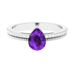Pear Shaped Amethyst and Diamond Solitaire Ring with Twisted Rope