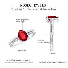 Solitaire Lab Grown Ruby Teardrop Engagement Ring with Diamonds