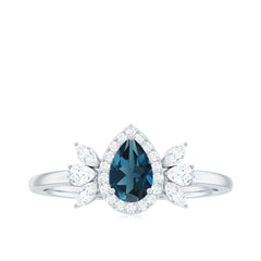 Pear Shaped London Blue Topaz Engagement Ring with Diamond Halo