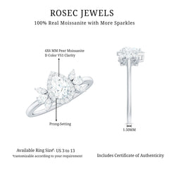 Pear Shaped Moissanite Halo Engagement Ring with Trio