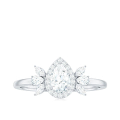 Pear Shaped Moissanite Halo Engagement Ring with Trio