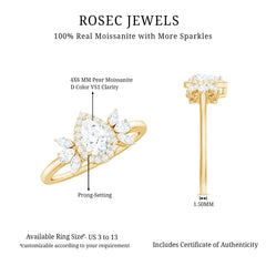 Pear Shaped Moissanite Halo Engagement Ring with Trio