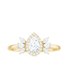 Pear Shaped Moissanite Halo Engagement Ring with Trio
