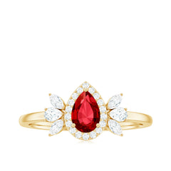 Pear Shaped Lab Grown Ruby Engagement Ring with Diamond Halo