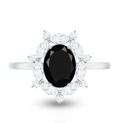 Oval Created Black Diamond and Moissanite Halo Engagement Ring Set