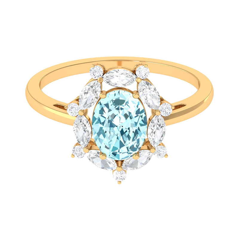 Genuine Aquamarine Vintage Inspired Engagement Ring with Halo