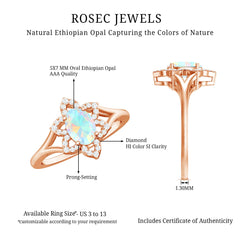 Real Oval Ethiopian Opal Diamond Flower Engagement Ring with Split Shank