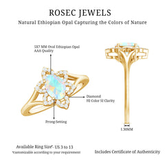 Real Oval Ethiopian Opal Diamond Flower Engagement Ring with Split Shank