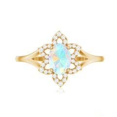 Real Oval Ethiopian Opal Diamond Flower Engagement Ring with Split Shank