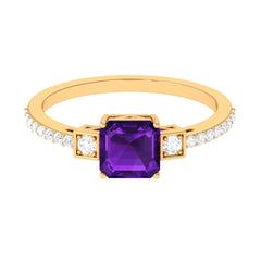 Asscher Cut Amethyst Solitaire Engagement Ring with Diamond