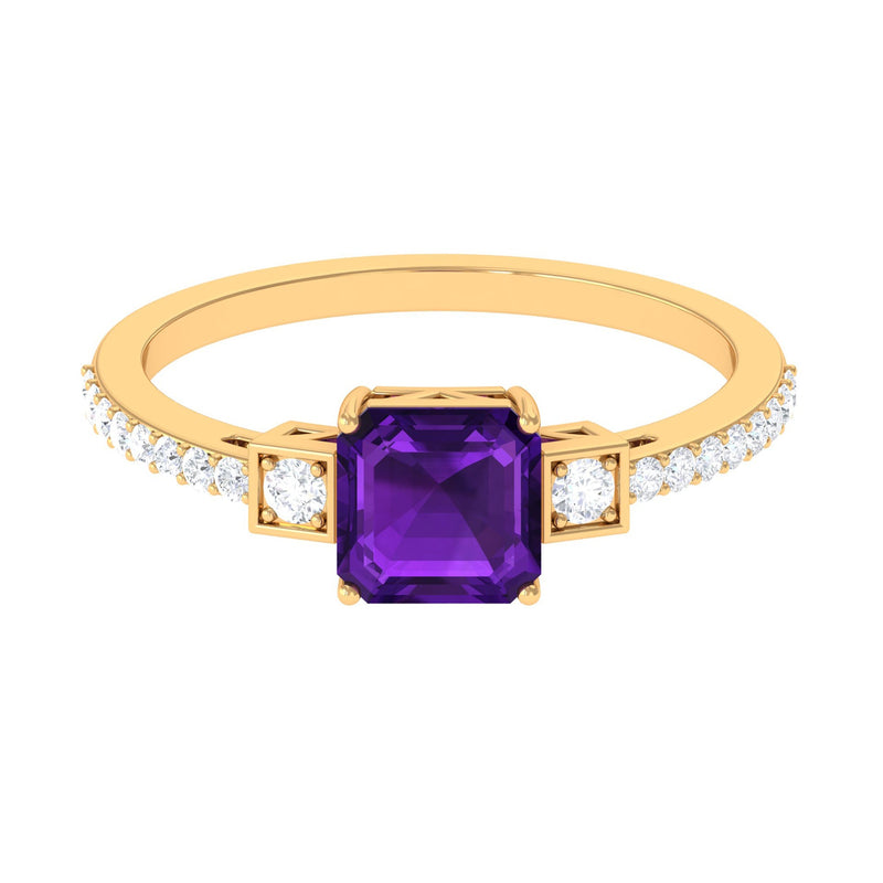 Asscher Cut Amethyst Solitaire Engagement Ring with Diamond