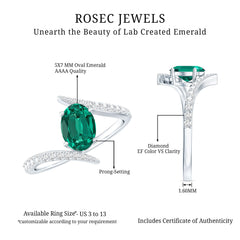 Certified 0.8 Carat Oval Cut Lab Grown Emerald Engagement Ring with Diamond Bypass Shank