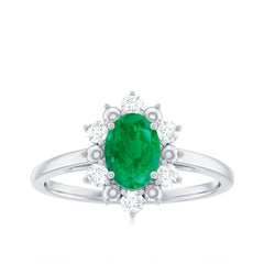 Natural 5X7mm Oval Emerald Engagement Ring with Diamond Halo