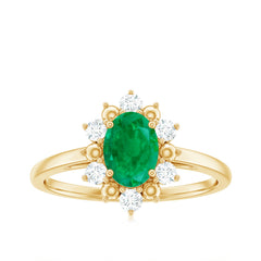 Natural 5X7mm Oval Emerald Engagement Ring with Diamond Halo