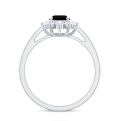 Oval Created Black Diamond Floral Halo Engagement Ring with Diamond