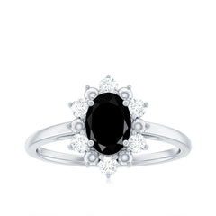 Oval Created Black Diamond Floral Halo Engagement Ring with Diamond