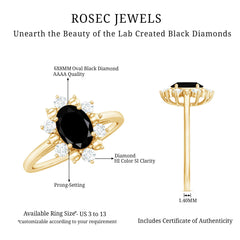 Oval Created Black Diamond Floral Halo Engagement Ring with Diamond