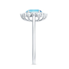 Real Aquamarine Oblong Engagement Ring with Diamond Halo