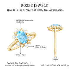 Real Aquamarine Oblong Engagement Ring with Diamond Halo