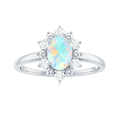 Natural 5X7mm Opalescent Oval Engagement Ring with Diamond Halo