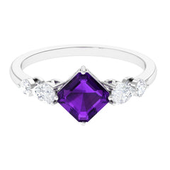 Asscher Cut Amethyst Solitaire Ring with Moissanite Side Stone