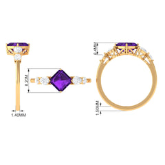 Asscher Cut Amethyst Solitaire Ring with Moissanite Side Stone